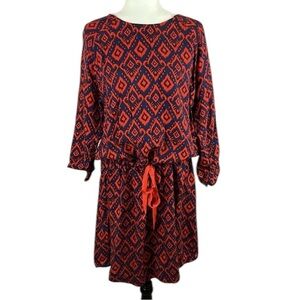 Hatley Geometric Print 3/4 Sleeve Round Neck Rayon Midi Dress XL Red Blue